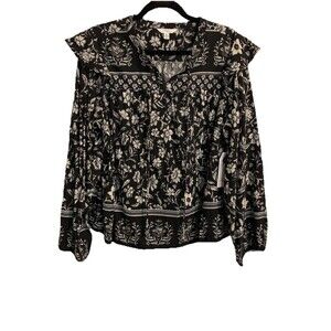 Time And Tru Womens Size XL Black White Floral Ruffled Long Sleeve Top NWT